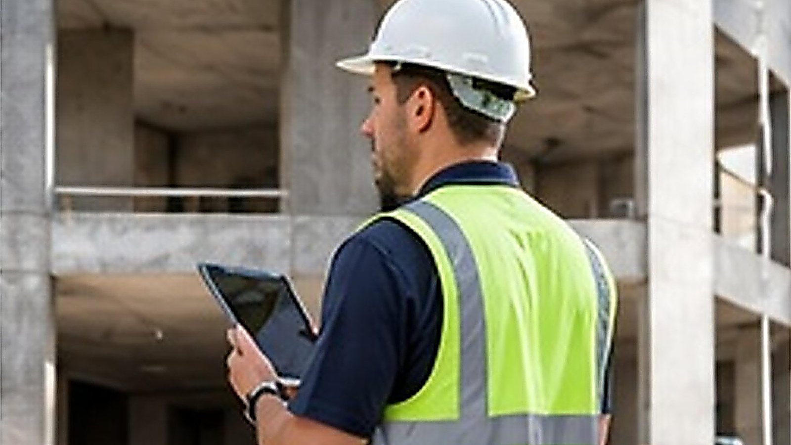 Inspector in a hard hat examining a building